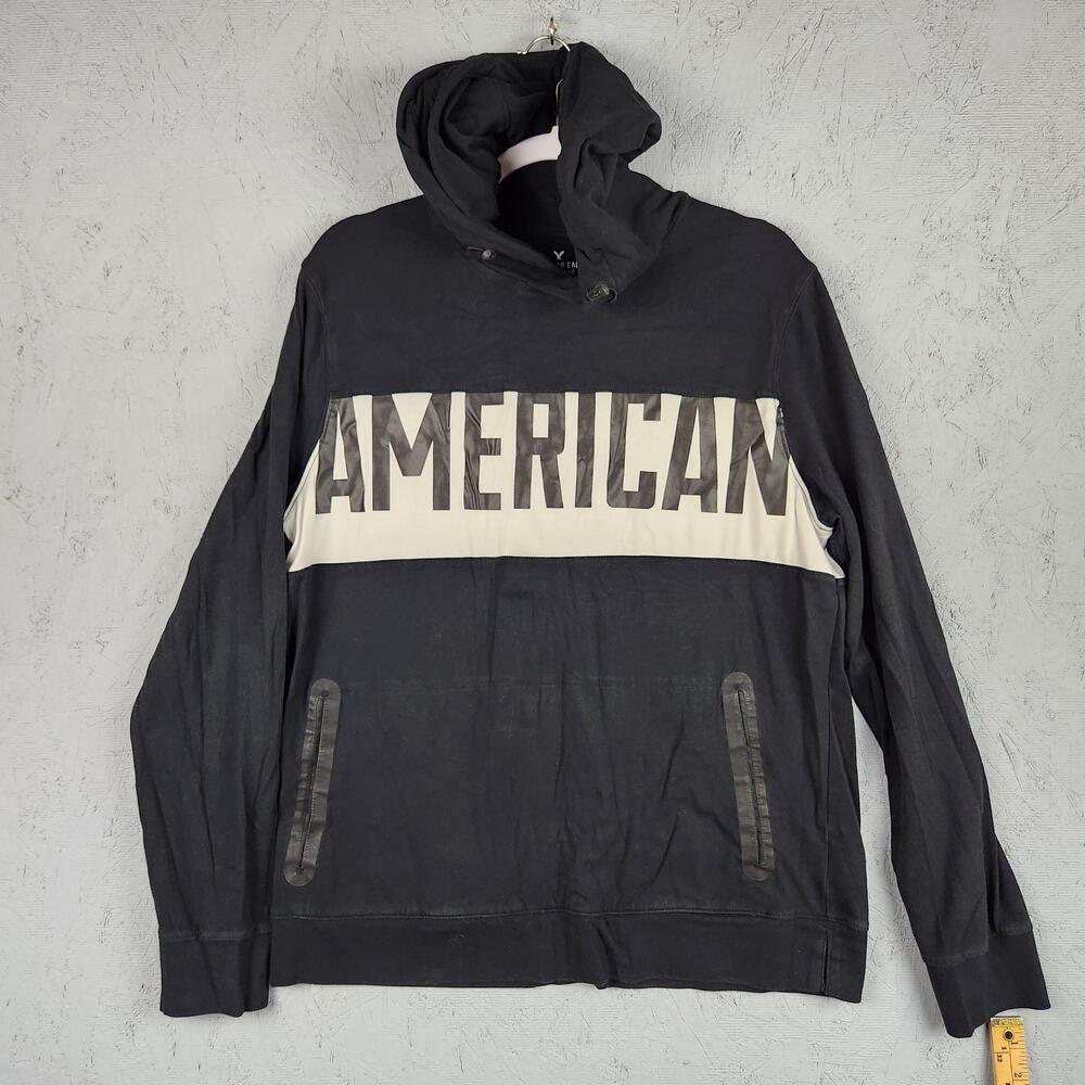 American Eagle Hoodie Mens Medium Black Active Flex Lightweight Sweatshirt Logo